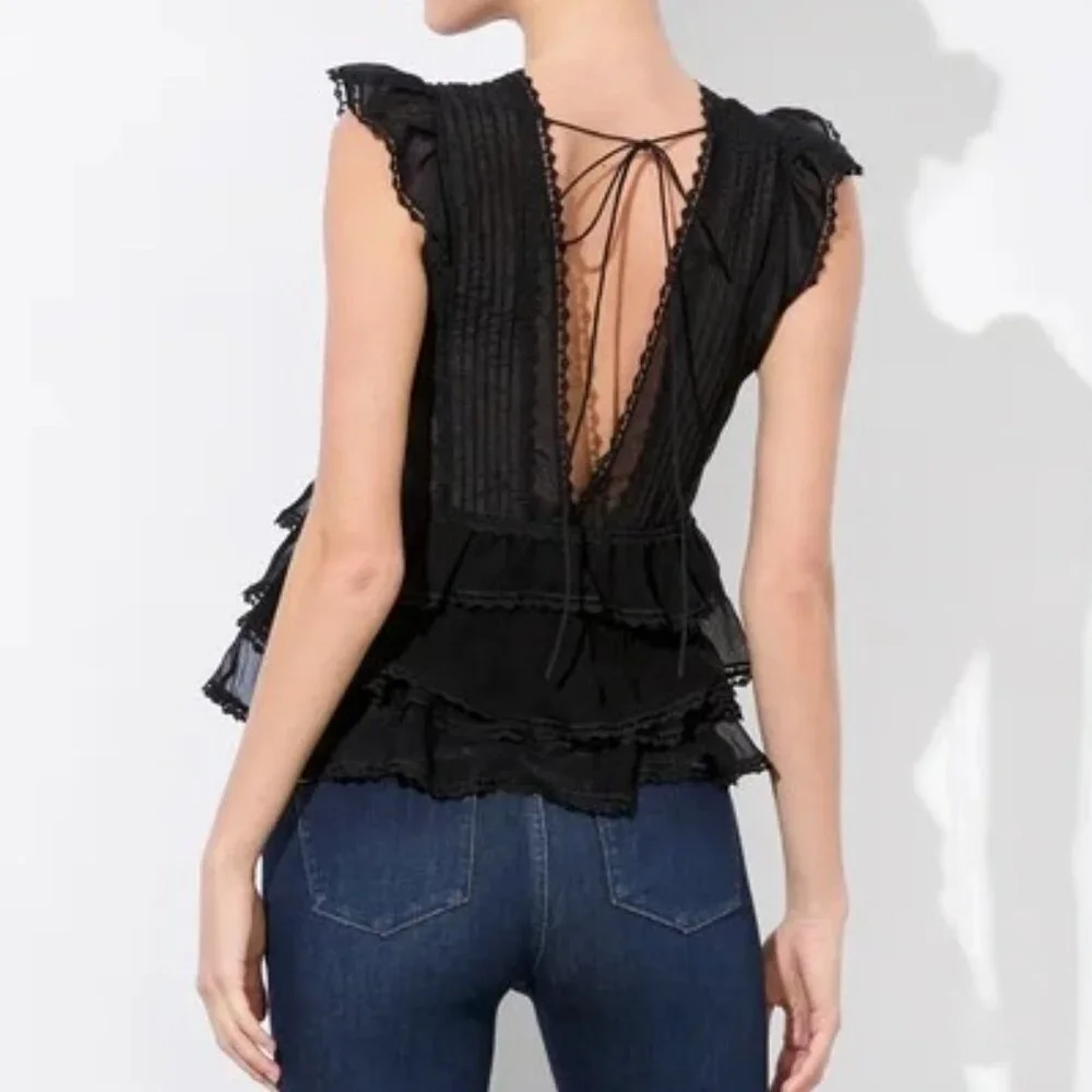 S Alice + Olivia Blanche V Neck Ruffle Silk-Blend Swing Top Women's Black NWTs - Picture 2 of 3